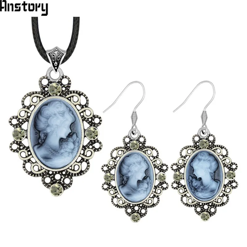 Gray Oval Lady Queen Cameo Crystal Jewelry Set Antique Silver Plated Necklace Earrings Bracelet Fashion Jewelry TS463 - Окраска металла: Gray