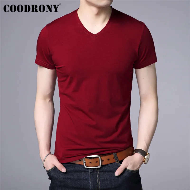 COODRONY хлопковая футболка с коротким рукавом Мужская Уличная Классическая Универсальная футболка Летняя Повседневная Однотонная футболка с v-образным вырезом Мужская S95090 - Цвет: Красный
