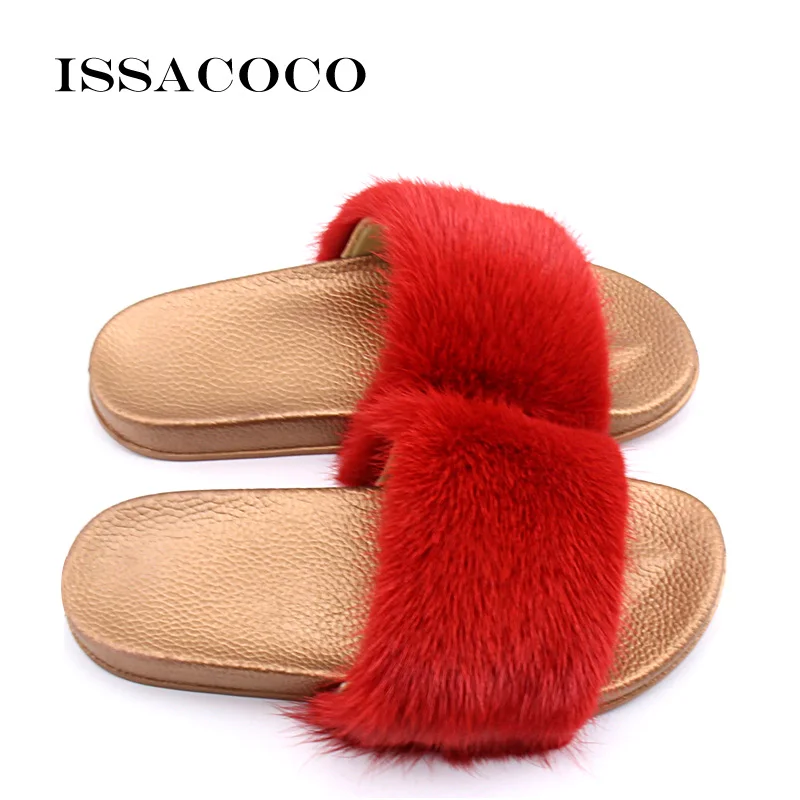 

ISSACOCO Women's Flat Real Mink Fur Slippers Women Solid Mink Fur PVC Sole Non-slip Slippers Indoor Slippers Zapatillas Pantufa