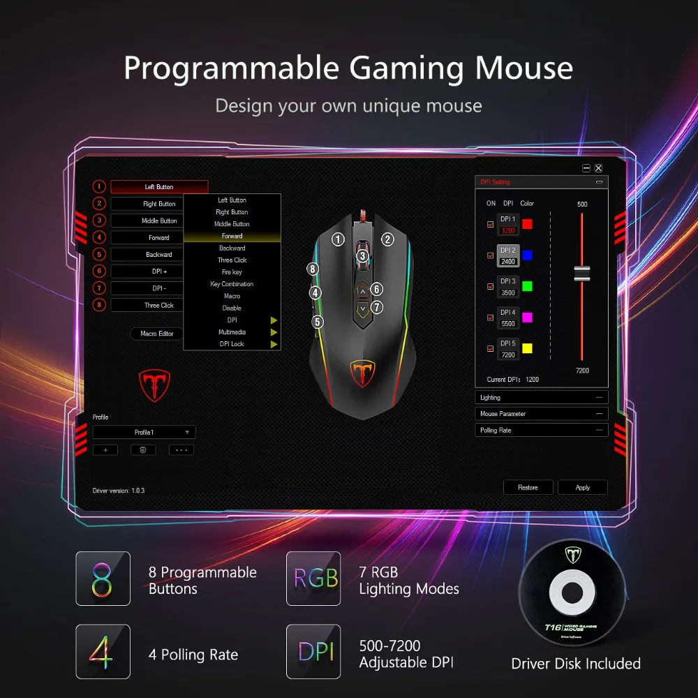 Игровая мышь VicTsing RGB 8 программируемых кнопок 7200 DPI Регулируемая оптическая