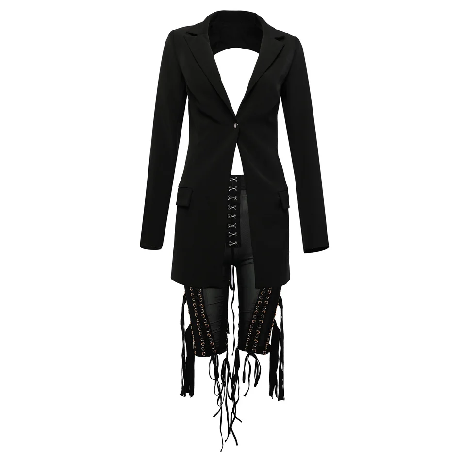 black 2 piece set Cardi B наряд на шнуровке блейзер с открытой спиной 2 шт брюки набор кисточкой ушко Украшенные пряжкой V образным вырезом Верхняя одежда сексуальные сетчатые брюки - Цвет: black 2 piece set