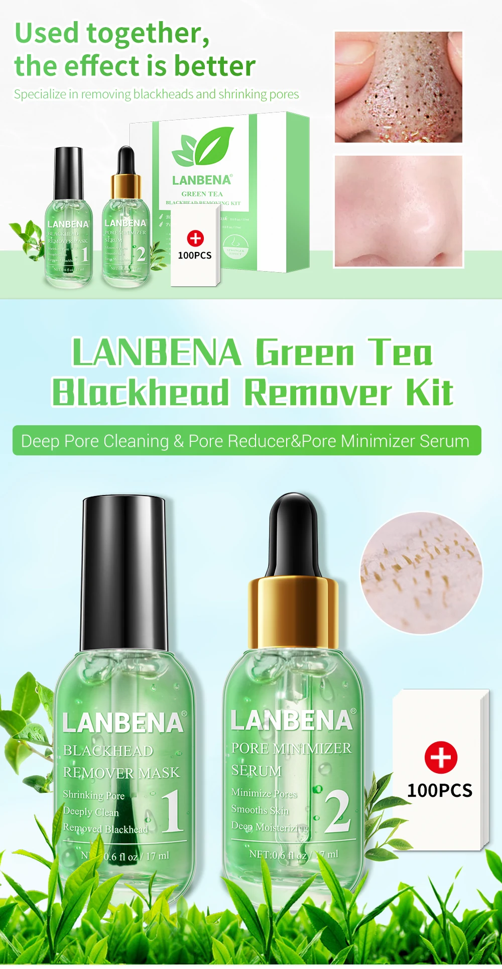 Lanbena, маска для удаления угрей зеленого чая, маска для носа, полоска пор, пилинг, лечение акне, минимайзер для рафинирования пор, сыворотка для сглаживания красоты