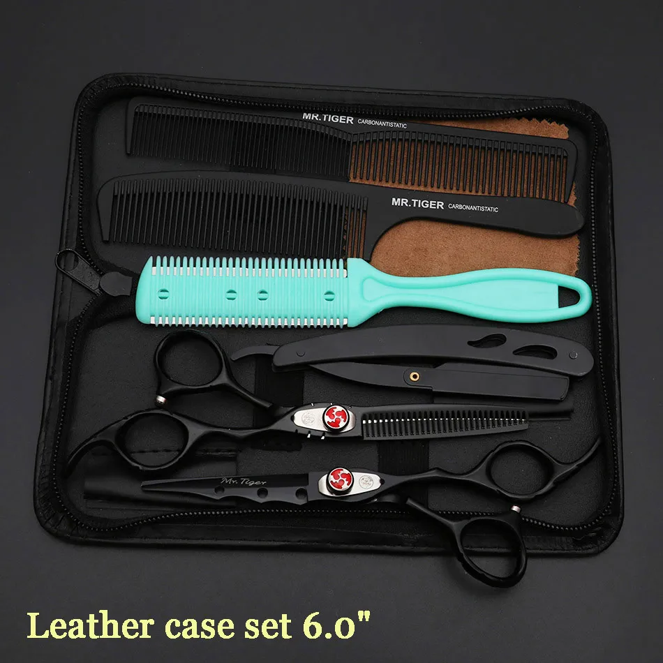 leather case set Острое лезвие 6,0 дюймов, парикмахерские ножницы, профессиональные ножницы для волос, набор 5,5, ножницы для стрижки волос, парикмахерские ножницы, Парикмахерская бритва - Цвет: leather case set