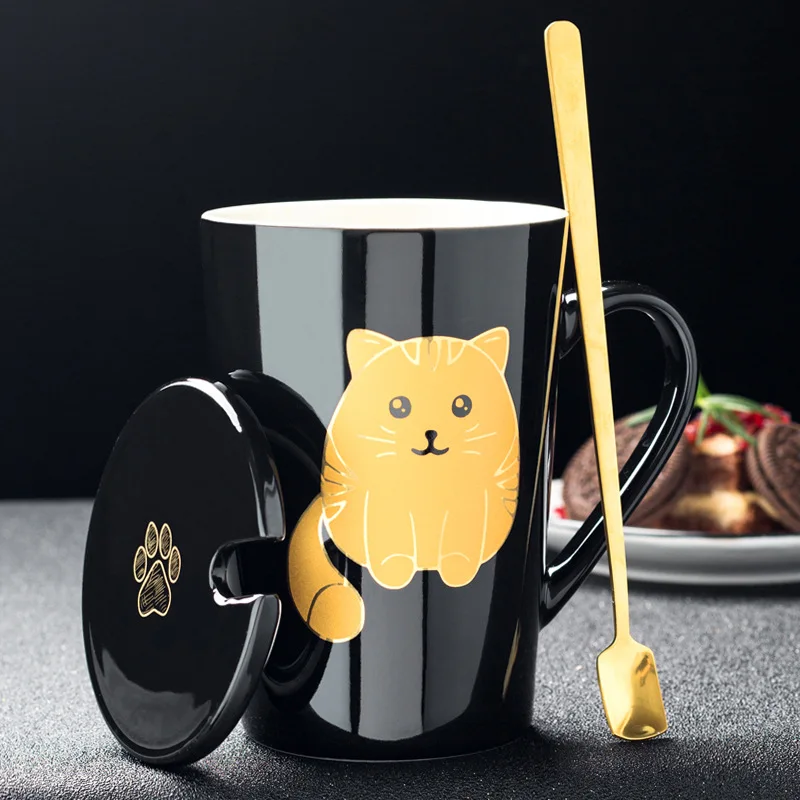 Mug Set 420 мл, новинка, милая керамическая кофейная кружка с котом, с крышкой, ложкой, кружки с животными, креативная посуда для девочек, кофейные чайные чашки, новые подарки, чашка для молока - Цвет: Mug Set