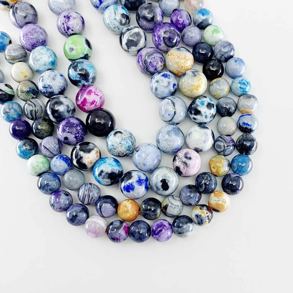 Бусина из натурального оникса с разноцветным пламенем и агатом круглые россыпью