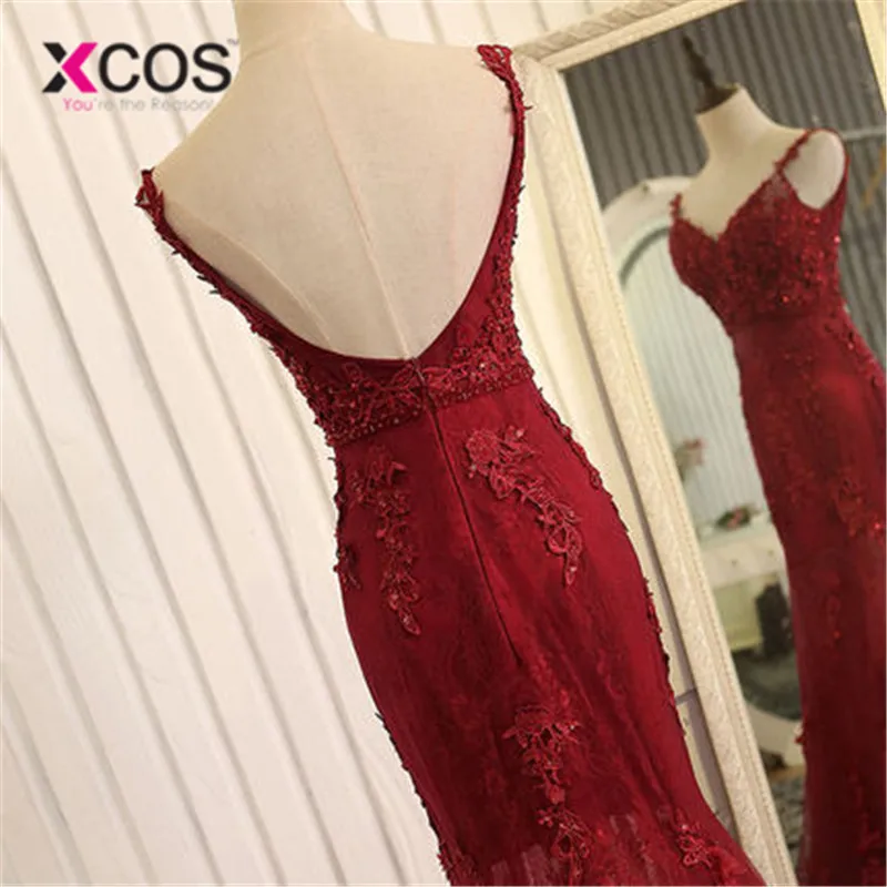 XCOS бургундское Платье De Soiree 2019 Русалка v-образным вырезом Тюль Аппликации Кружева