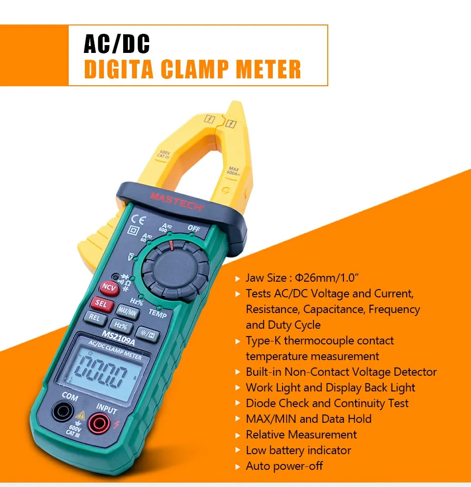 Цифровой клещи Mastech MS2109A Авто Диапазон AC DC 600A мультиметр Вольт Ампер Ом Гц температура емкость тест er NCV тест