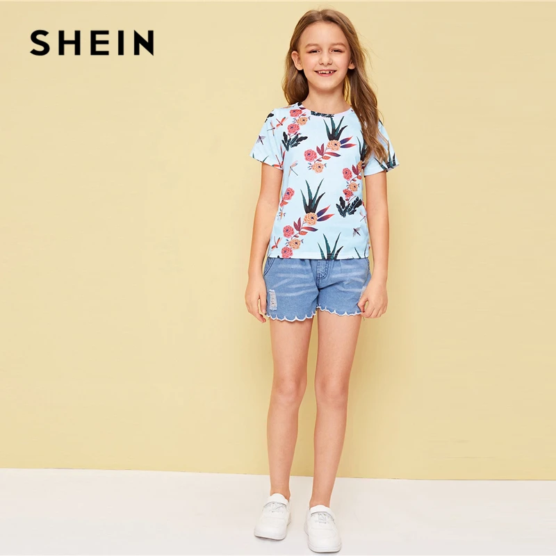 SHEIN для малышей для маленьких девочек, с цветами принт Праздничная футболка детские топы летние каникулы короткий рукав Бохо пляжное Повседневное Тройник