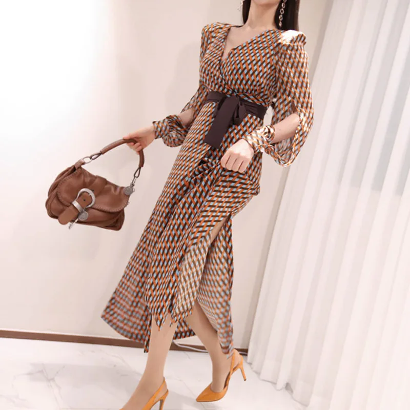 2019 New Summer Women Long dresslt Full Sleeve V-Neck Prevent Bask In Waist Split Dresses Cafe Orange 1905 | Женская одежда