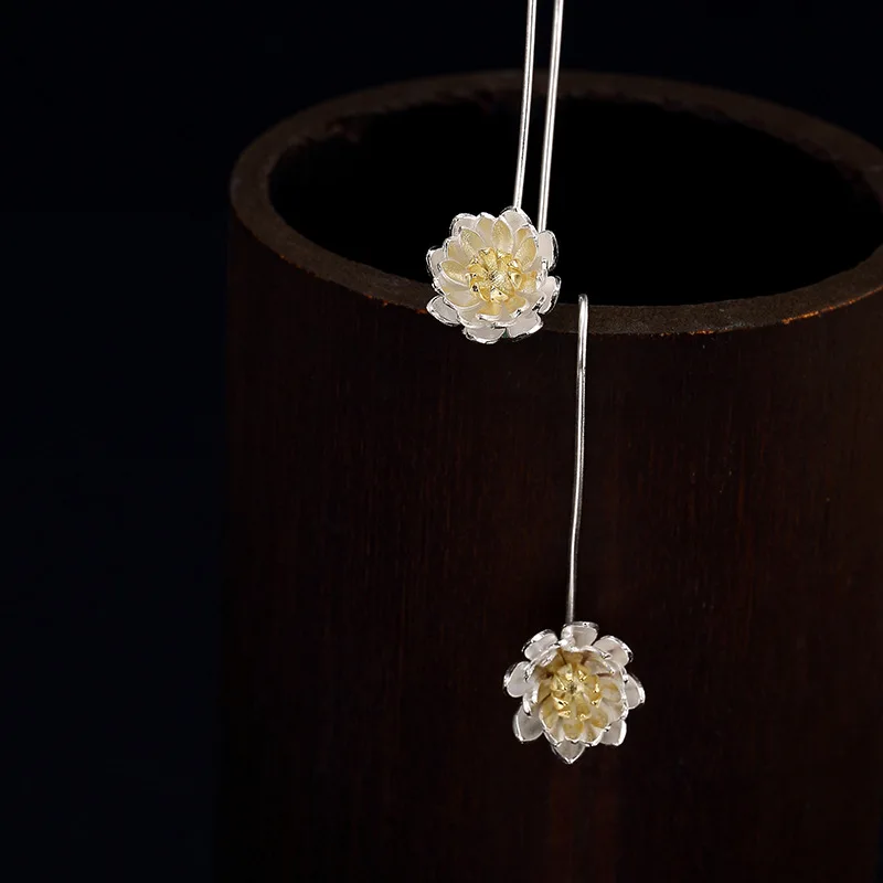 Серьги Цветок лотоса из стерлингового серебра 925 пробы двухцветные серьги-капли