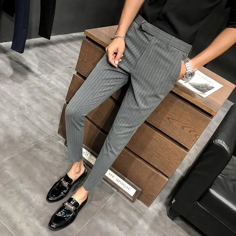 28-36 Мужские модельные Брюки Slim Fit уличная полосатая тренировка штаны по лодыжку мужские модные летние офисные брюки мужские обтягивающие брюки - Цвет: Striped Suit Pants