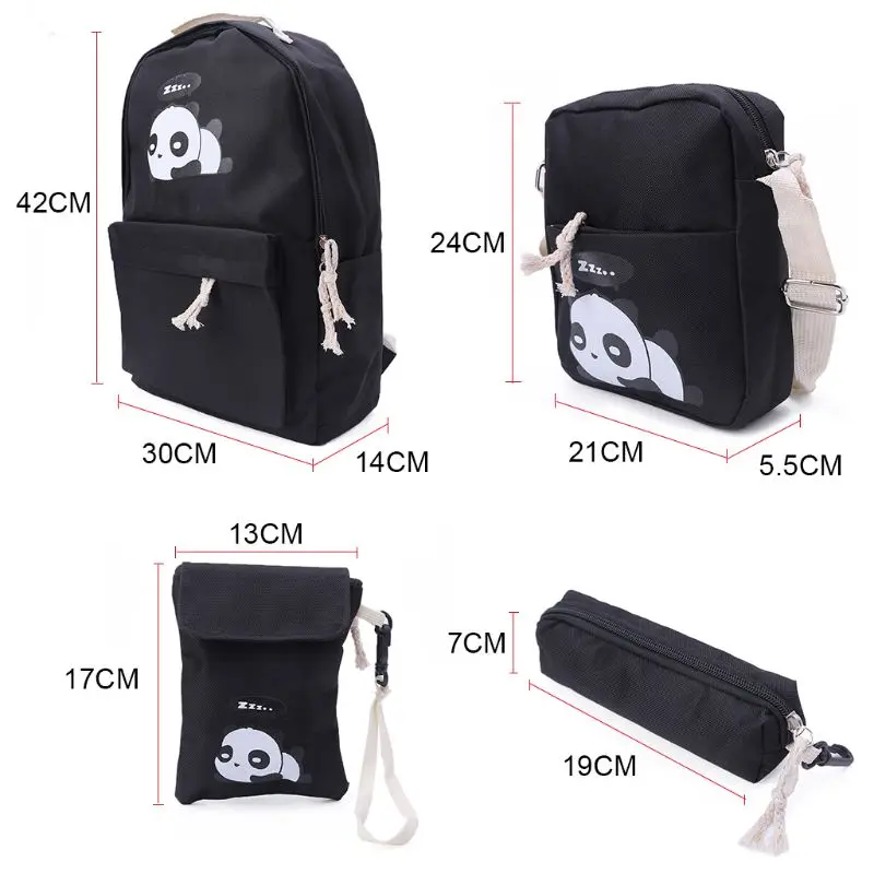 

4pcs Women's Backpack Cute Panda Print Rucksack Travel Schoolbags Shoulder Bag