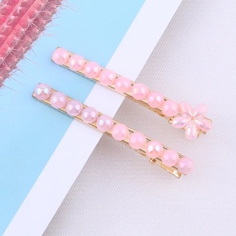 Flower-Pink 2pcs/set Pearl Flower Hair Clips Alligator Duckbill Long Hairpins Barrettes Candy Rainbow Color Hair Accessories for Women Girls - Цвет: Flower-Pink