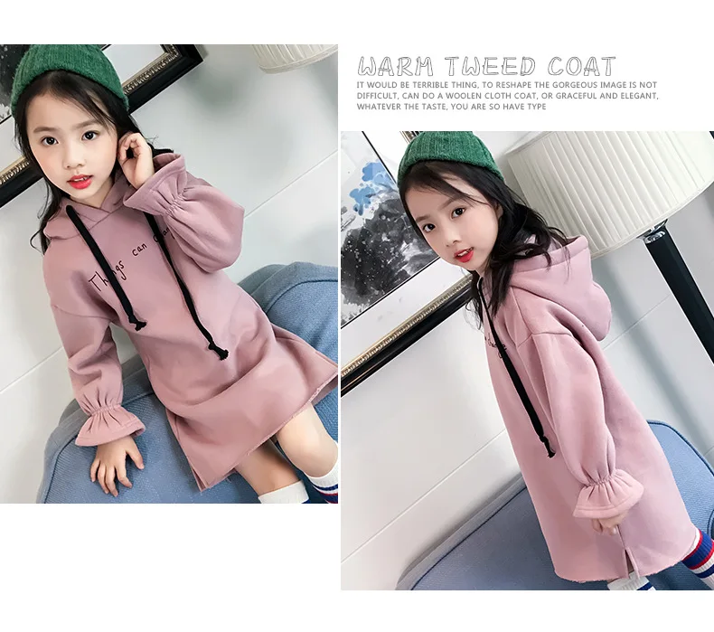Teenage Girls Dress Winter Long Sleeve Hoodies Thick Warm Letter Dresses for big Girls Children's Clothing Kids Clothes