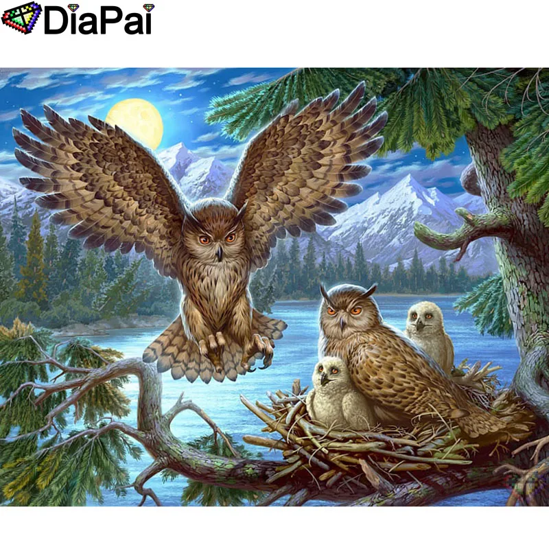 DIAPAI 5D DIY Алмазная картина полная квадратная/круглая дрель "Животные Сова Луна" Алмазная вышивка крестиком 3D декор A22866