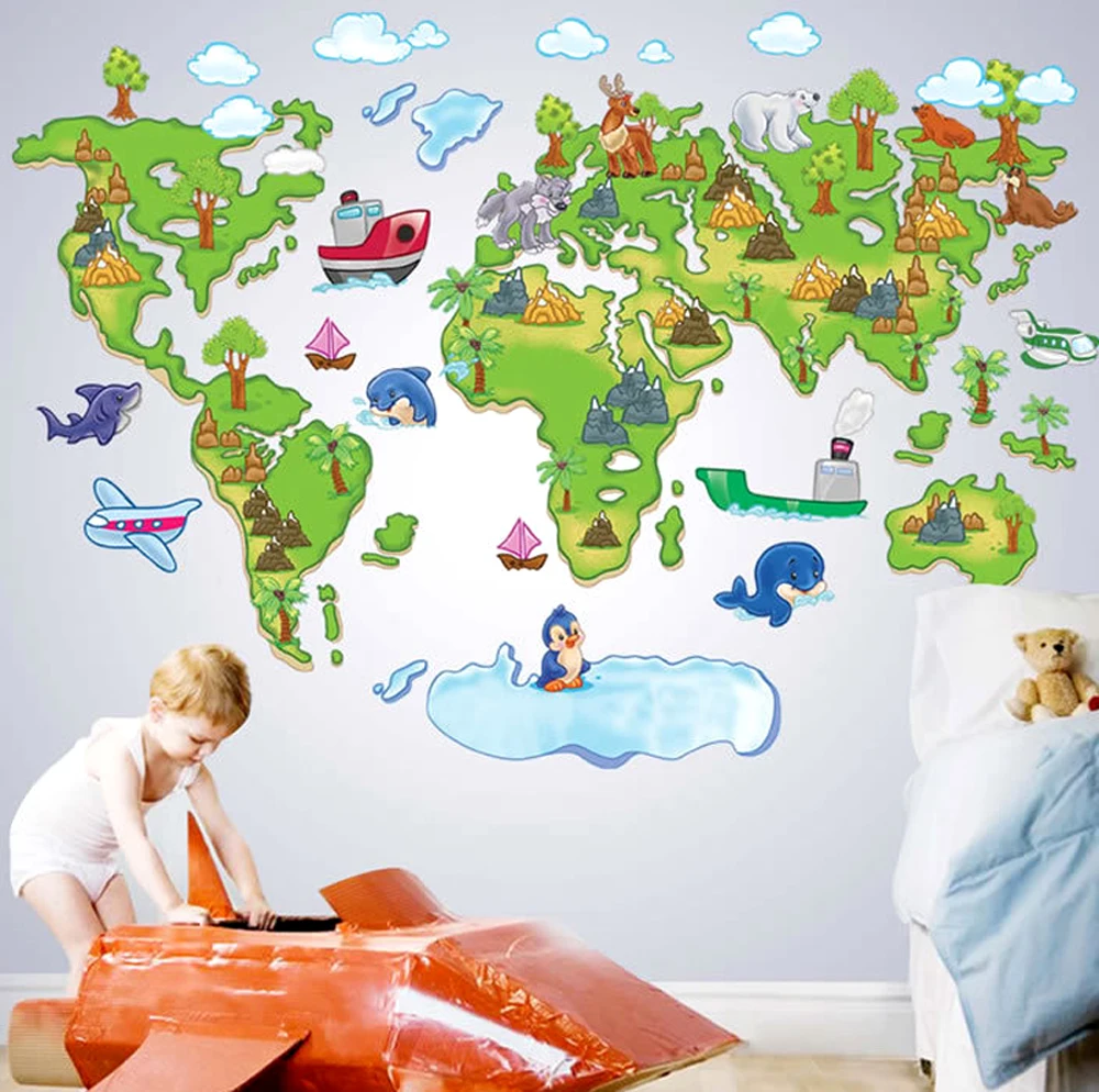 

Europe Style Creative Cartoon World Map DIY Removable Wall Stickers Kids Room Nursery Living Room Home Decor Wall Decal ABC1001