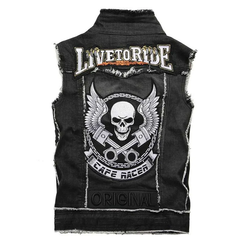 

Mcikkny New Fashion Men's Embroidery Denim Vest With Patches Slim Fit Sleeves Jeans Jackets For Male Waistcoats Size M-3XL