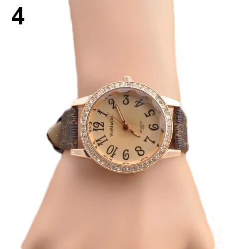 Wholesale Women's Elegant Leather Band Rhinestone Golden Dial Quartz Good Quality Wristwatch | Наручные часы
