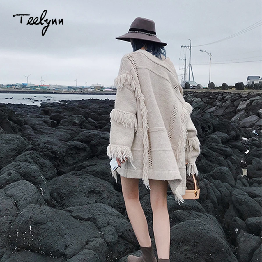 Свитер TEELYNN с кисточками для женщин теплое пальто открытым швом и длинным рукавом