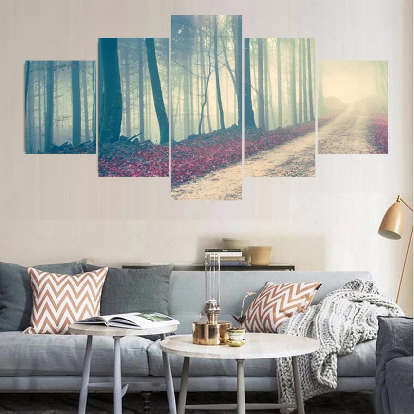 5 панелей современный (без рамки) Pintura горная дорожка Холст Картина маслом
