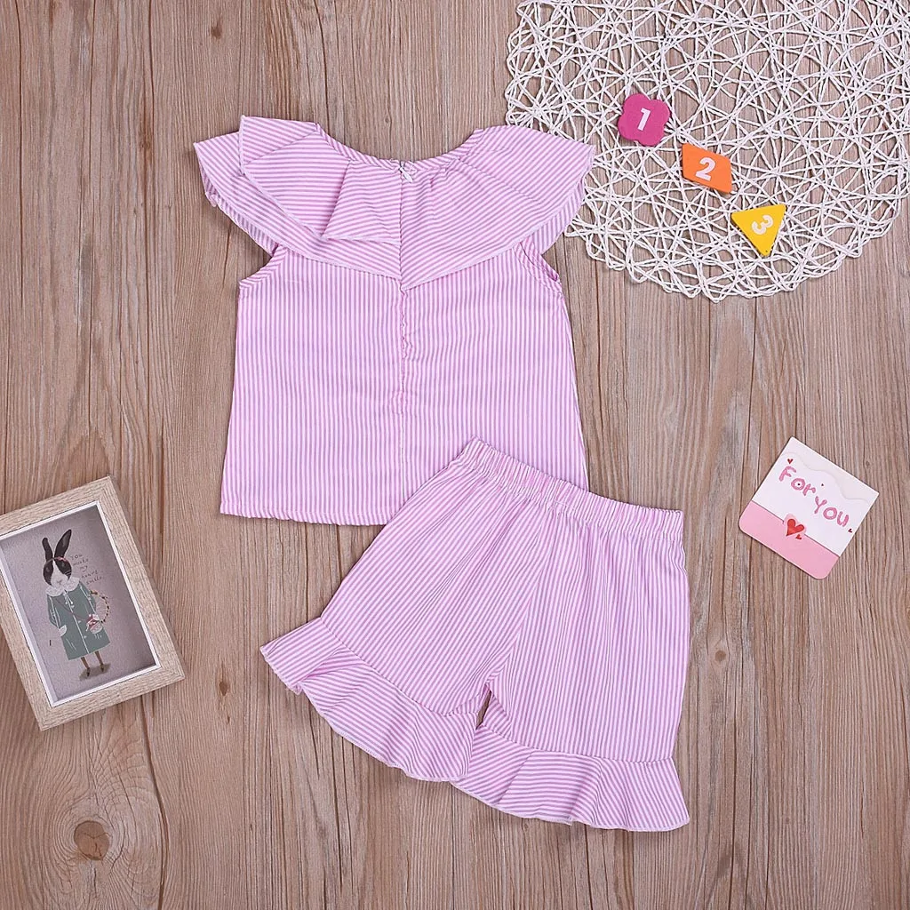 SAGACE/милые розовые летние комплекты одежды для маленьких девочек Полосатая майка