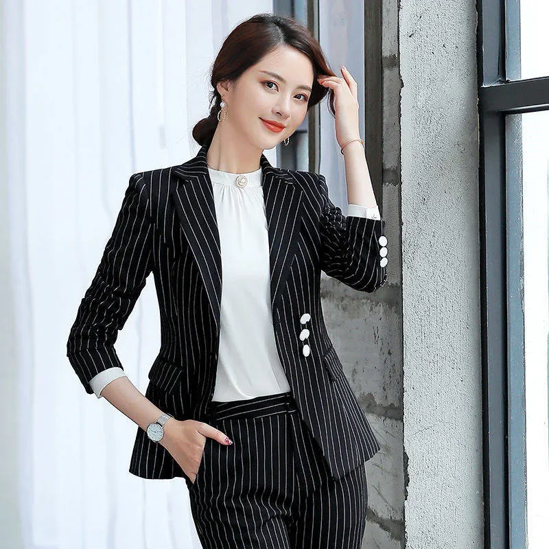 

2019 Women Business Suits Female Fashion Elegant Striped Blazer Jacket Suit With Slim Pants Office Lady Formal Work Wear Set W20