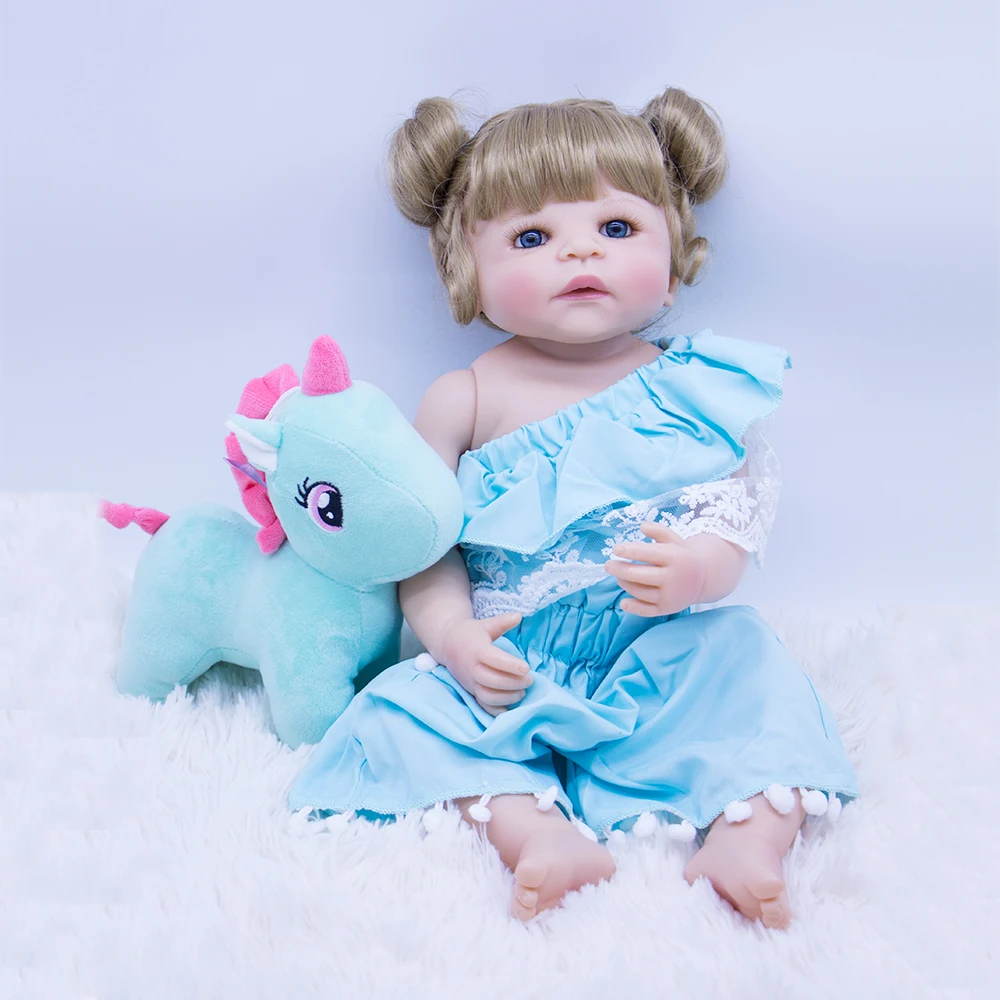 

cute Lifelike Reborn Baby Doll 22Inch blond hair Princess Girl Babies Silicone Newborn Doll Toy With Unicorn plush toy Kids gift