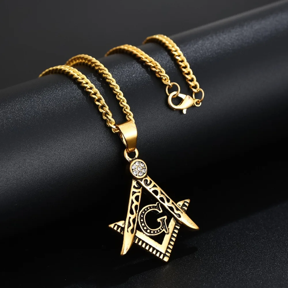 

Men's Gold Masonic Symbol Pendant Necklace Stainless Steel Fashion Punk Retro Freemason Pendant With 20-27" Cuban Chain