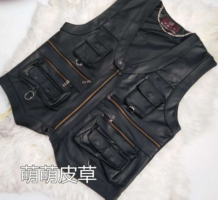 sheepskin leather vest men waistcoat pocket vests