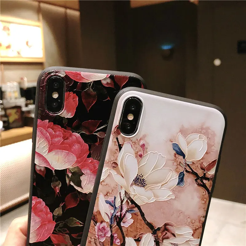 Boucho Flower Case For iPhone 7 Plus XS Max XR 3D Relief Rose Floral Phone X 8 6 6S 5 SE 5S TPU Cover | Мобильные телефоны и