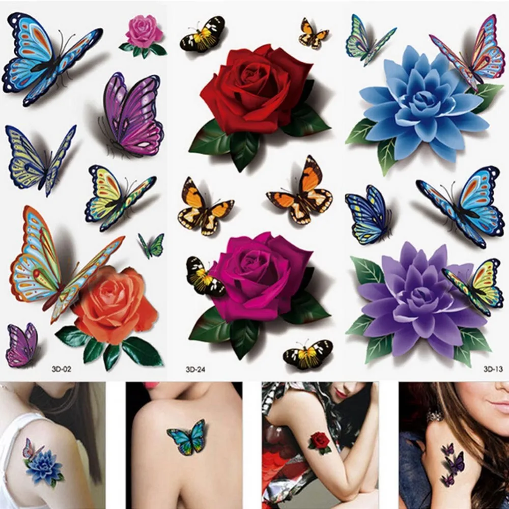 Новинка 2017 Красочные Модные татуировки с цветами розы бабочками водостойкие
