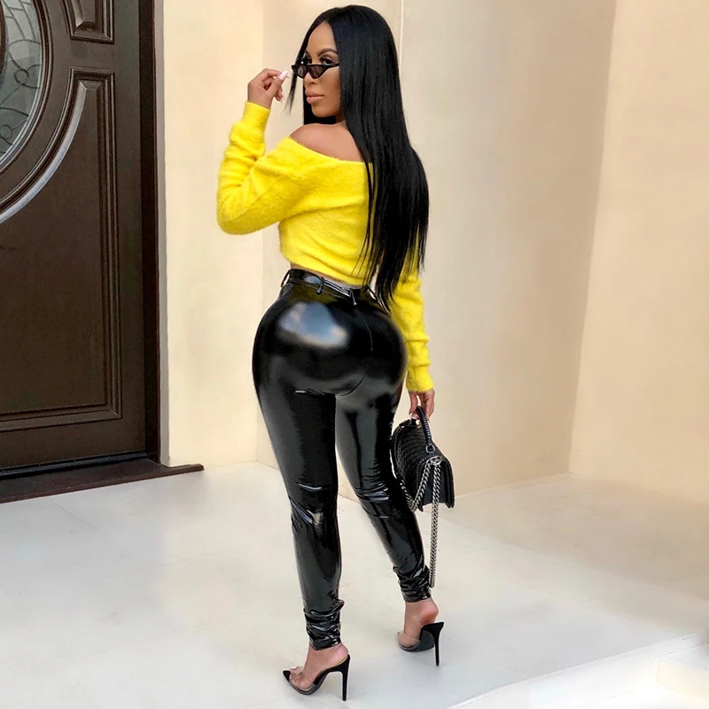 Женские облегающие брюки из искусственной кожи с завышенной талией бархатные