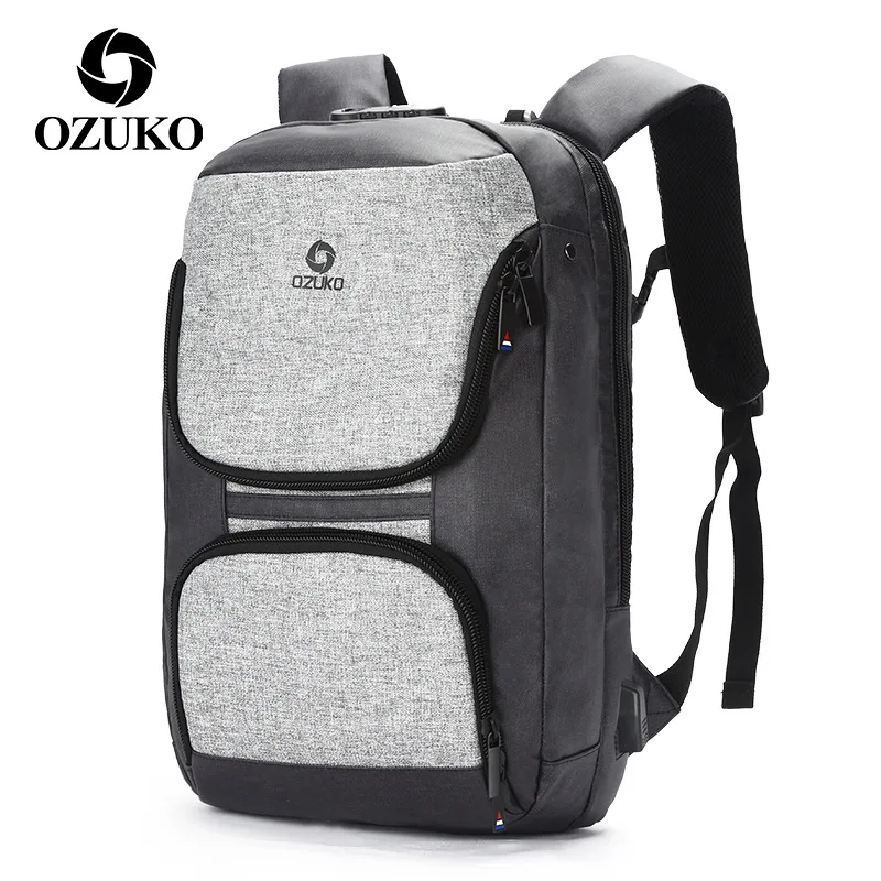 

OZUKO Men's Backpack with Zipper Lock Waterproof School Bags USB Laptop Backpacks Multifunction Anti-thief Travel Back Packs