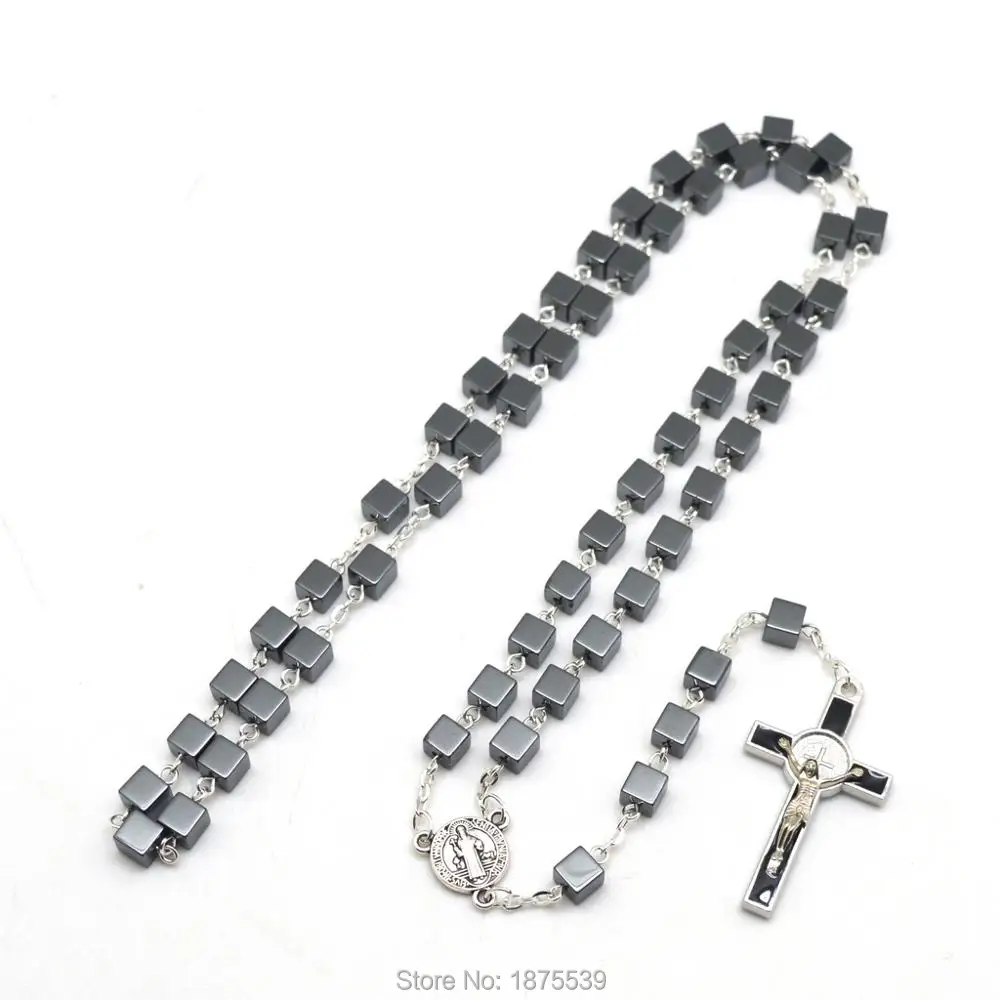 Black 6 mm Square Hematite Bead Rosary Necklaces St Benedict Crucifix and Medal | Украшения и аксессуары