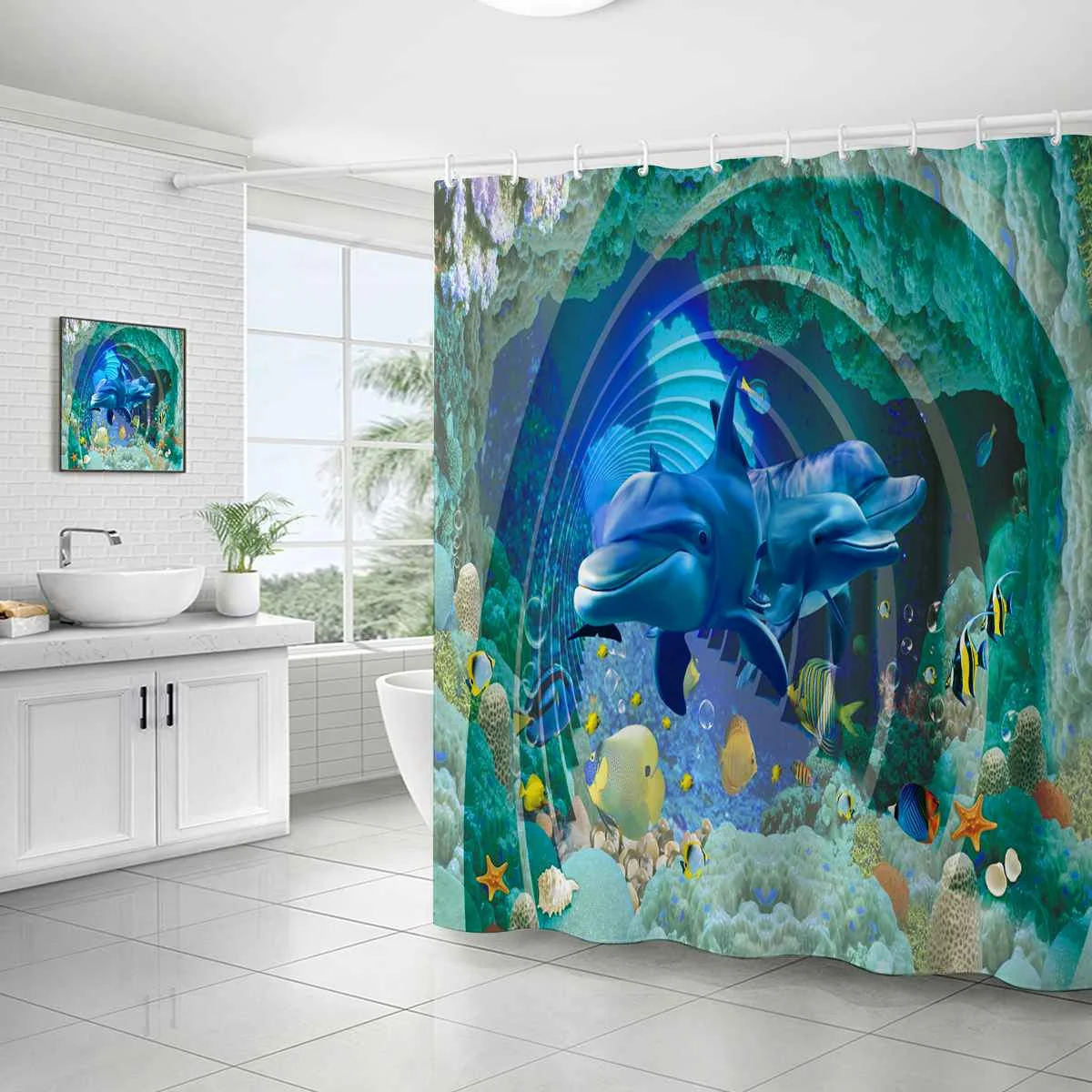 4PCS 180x180cm Waterproof Underwater World Dolphin Shower Curtain Floor Mat With 12 Hooks For Home Bathroom Tub Bathtub Decor