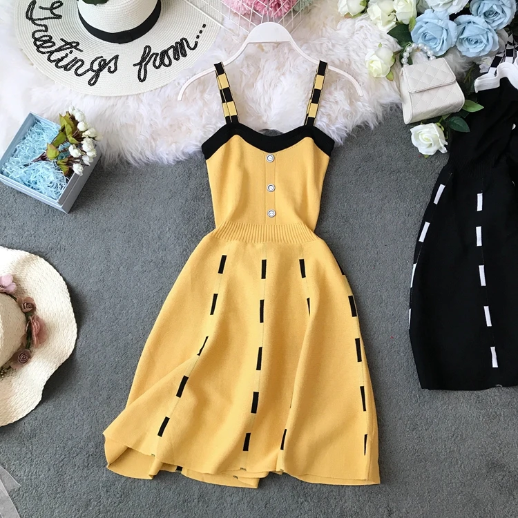 Цвет: желтый ALPHALMODA вязаное платье на подтяжках однобортное с высокой талией приталенное ТРАПЕЦИЕВИДНОЕ шикарное короткое летнее вязаное платье Сарафан для женщин - Цвет: Цвет: желтый