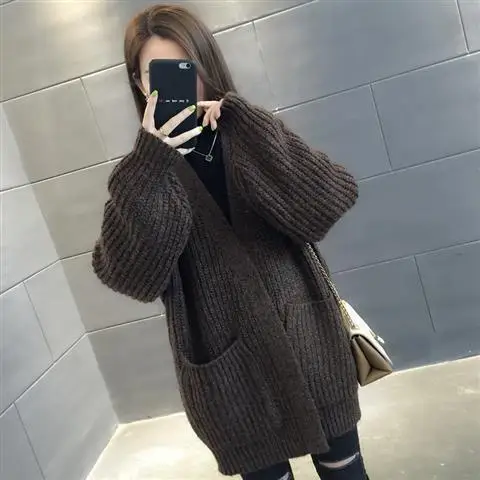 Dark brown Новинка, длинный кардиган, женский, длинный рукав, вязанный, твист, джемпер, кардиганы, Осень-зима, однотонный, с карманами, свитера,, Pull Femme - Цвет: Dark brown