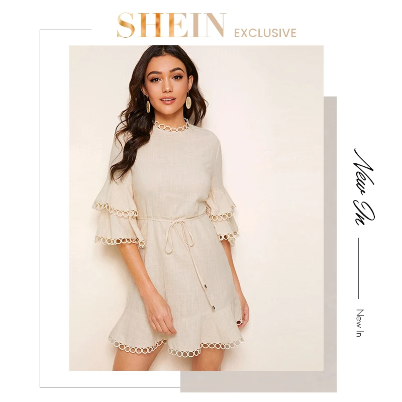 SHEIN женское платье с вырезом-лодочкой на спине, с рукавами-воланами, с кружевной отделкой, с поясом, абрикосовое, многослойное, с оборками, с поясом, весеннее, летнее платье