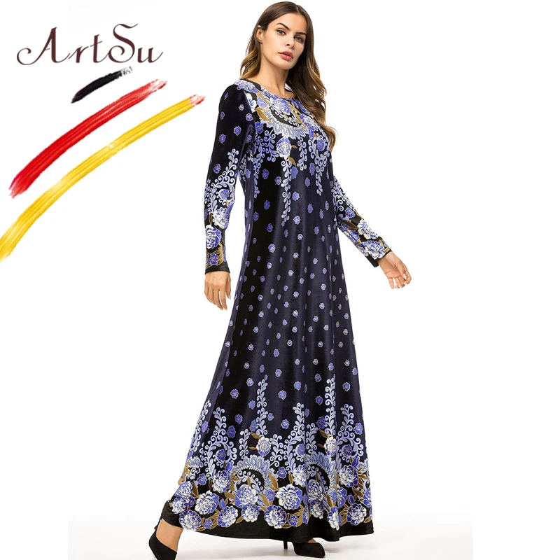 Женское бархатное платье-макси с длинным рукавом и цветочным принтом | Женская