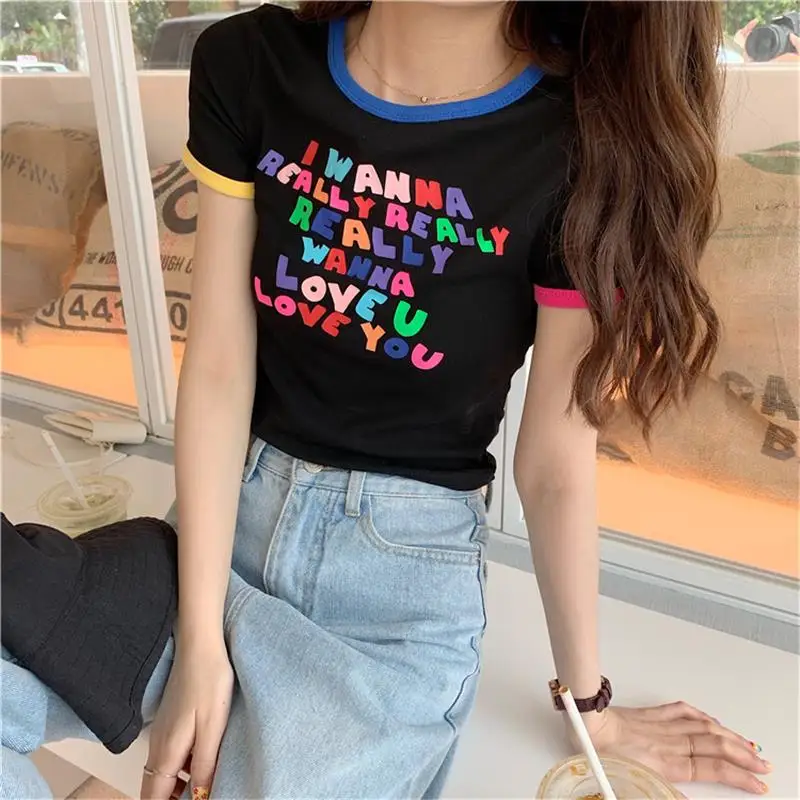 Женская футболка с буквенным принтом Повседневная коротким рукавом в Корейском