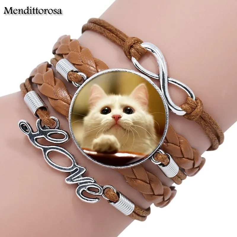 Mendittorosa Lovely Cat Fashion Glass Cabochon Multilayer Black/Brown Leather Bracelet Bangle Handmade Maxi Lovers Best Gifts | Украшения и