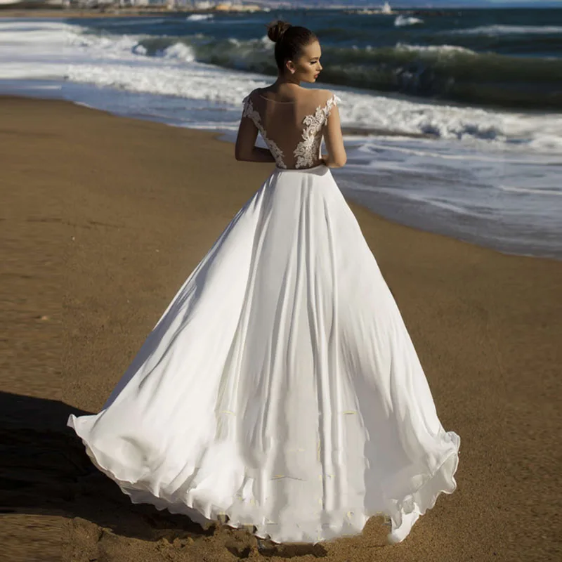 

2019 High Side Split Beach Wedding Dress Chiffon Lace appliques Bridal Dresses Vestido De Novia Cap Sleeve Wedding Bride Gowns