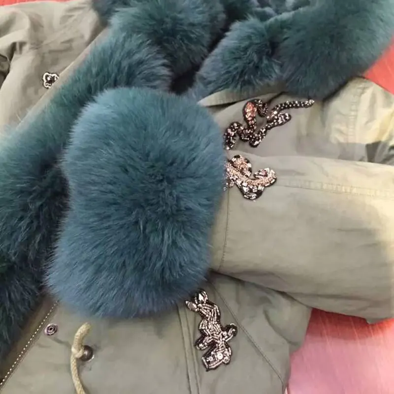 Army Green jacket Dark green fox fur hood &amp cuff with high quality lining faux coat | Женская одежда