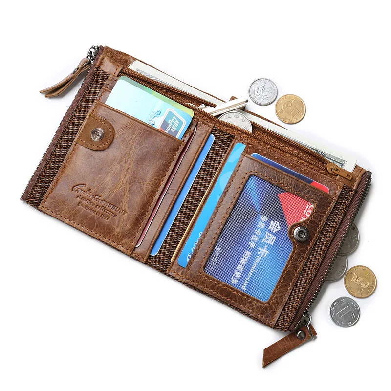 Retro Genuine Leather New RFID Mens Coin Purse Crazy Horse Double Zipper Wallet | Багаж и сумки