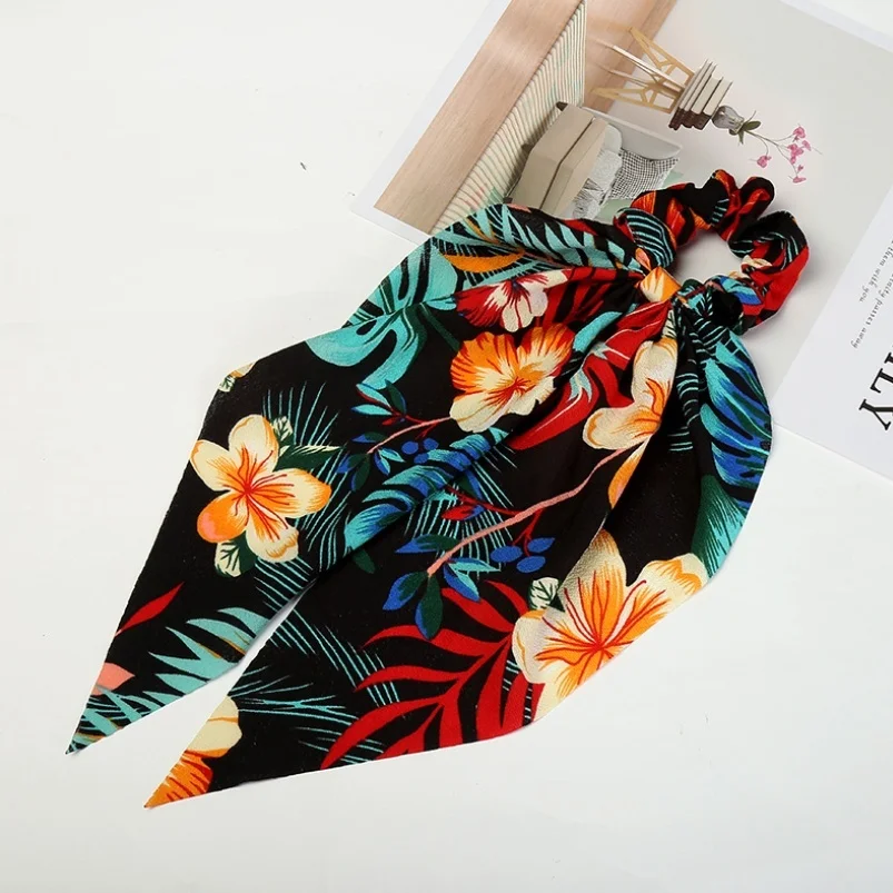 2 Bohemian Chiffon Flower Shrink Scarf Hair Band Ponytail Entrainment Bow Floral Print Hair Bundle Rope - Цвет: 2