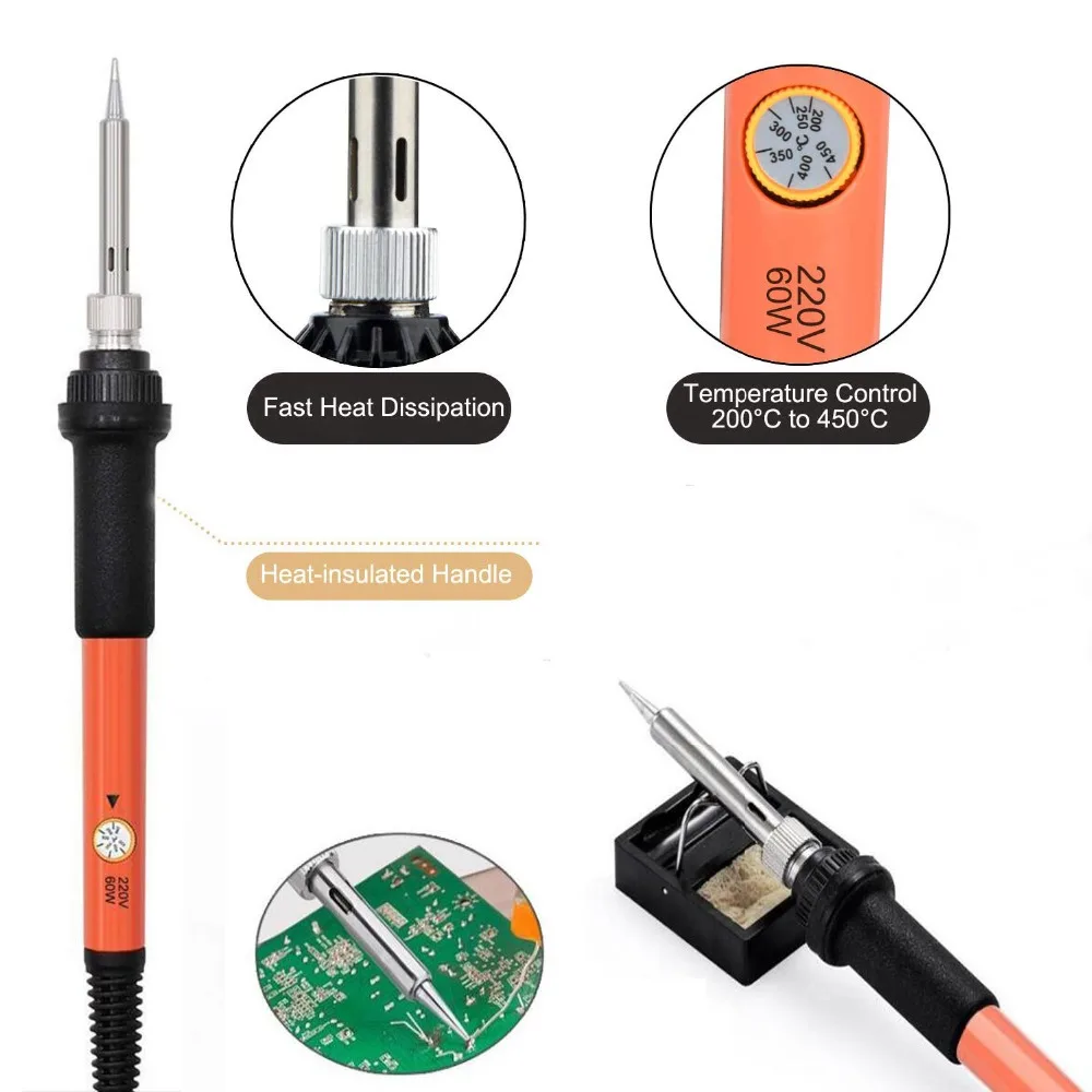 Dusco.E 110V/220V US/EU Plug 60w Adjustable Soldering Iron Wood Burning Pen Set Carving Pyrography Tool 5 pcs Welding Tips Kit