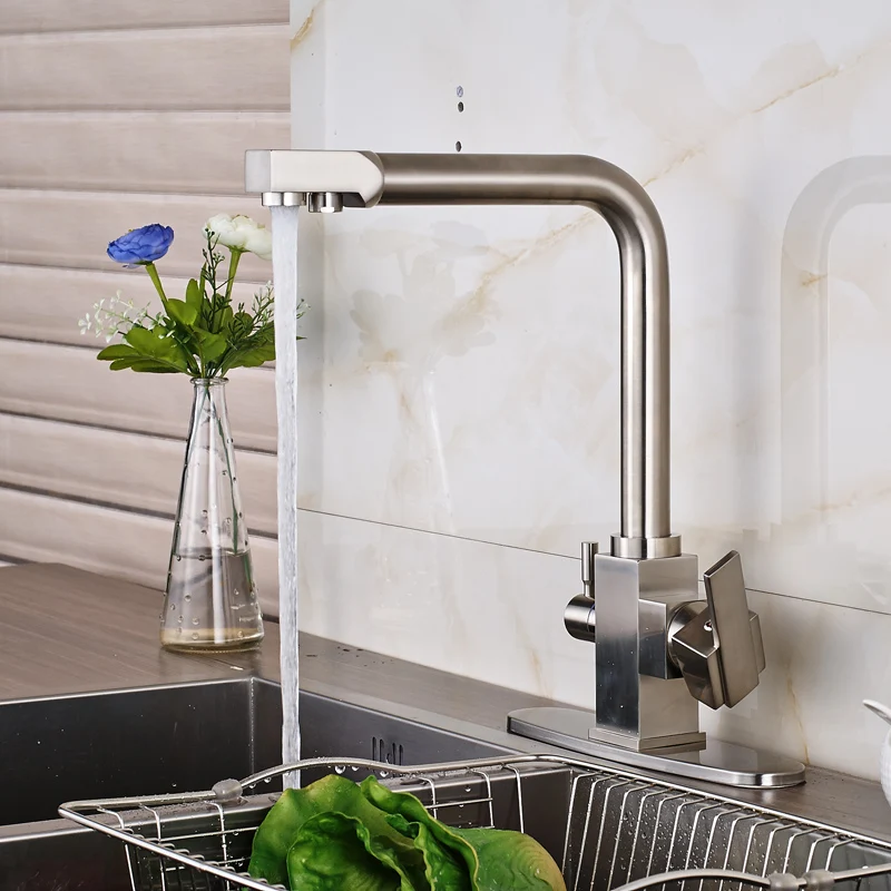Матовый никелевый смеситель с двойным носиком для чистой воды кухонный 3