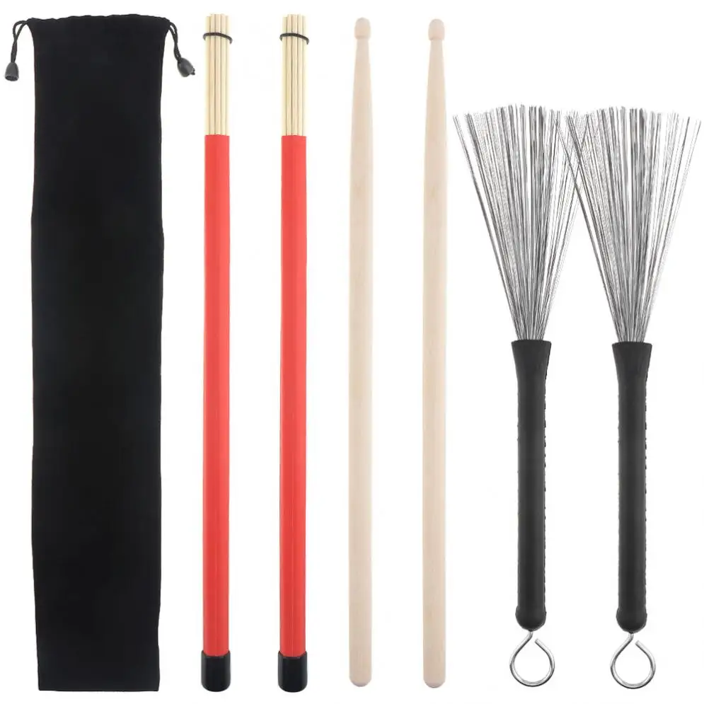4pcs Universal Jazz Drumsticks Set Include 5A Maple Drum Sticks Bamboo Steel Wire Brushes and Velvet Bag