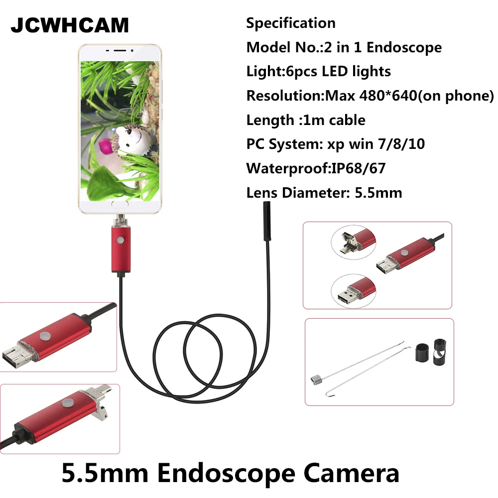 JCWHCAM 1 м 5 мм 2 в эндоскоп USB камера для осмотра Водонепроницаемый проводной