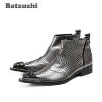 batzuzhi japanese style handmade men boots metal pointed toe grey genuine leather men boots ankle party wedding botas hombre